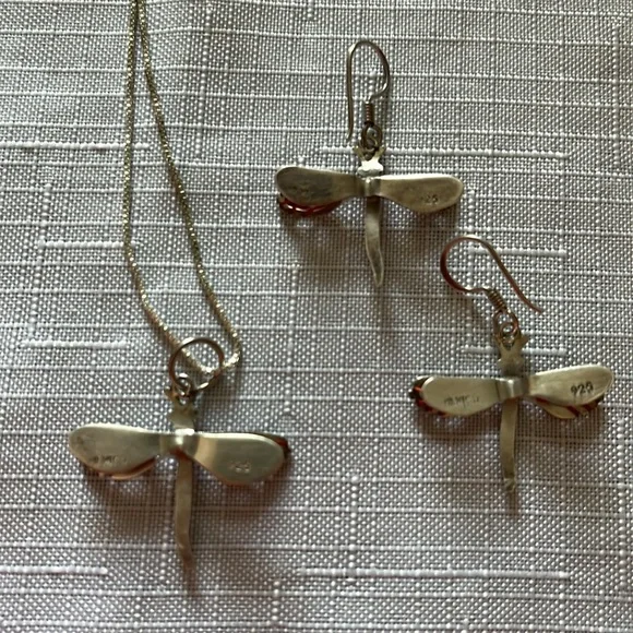 Vintage 925 Silver Plated ‘Market’ Set Of Dragon Fly Necklace & Earrings - Picture 6 of 10